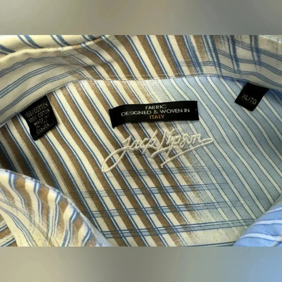 Jack Lipson 100% Cotton S/S Striped Polo Button Up Tan/Blue/White Shirt Size XL - Picture 5 of 7